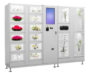 Blumenautomat mit frischen Blumen, ideal für Verkaufsstellen und Büros.