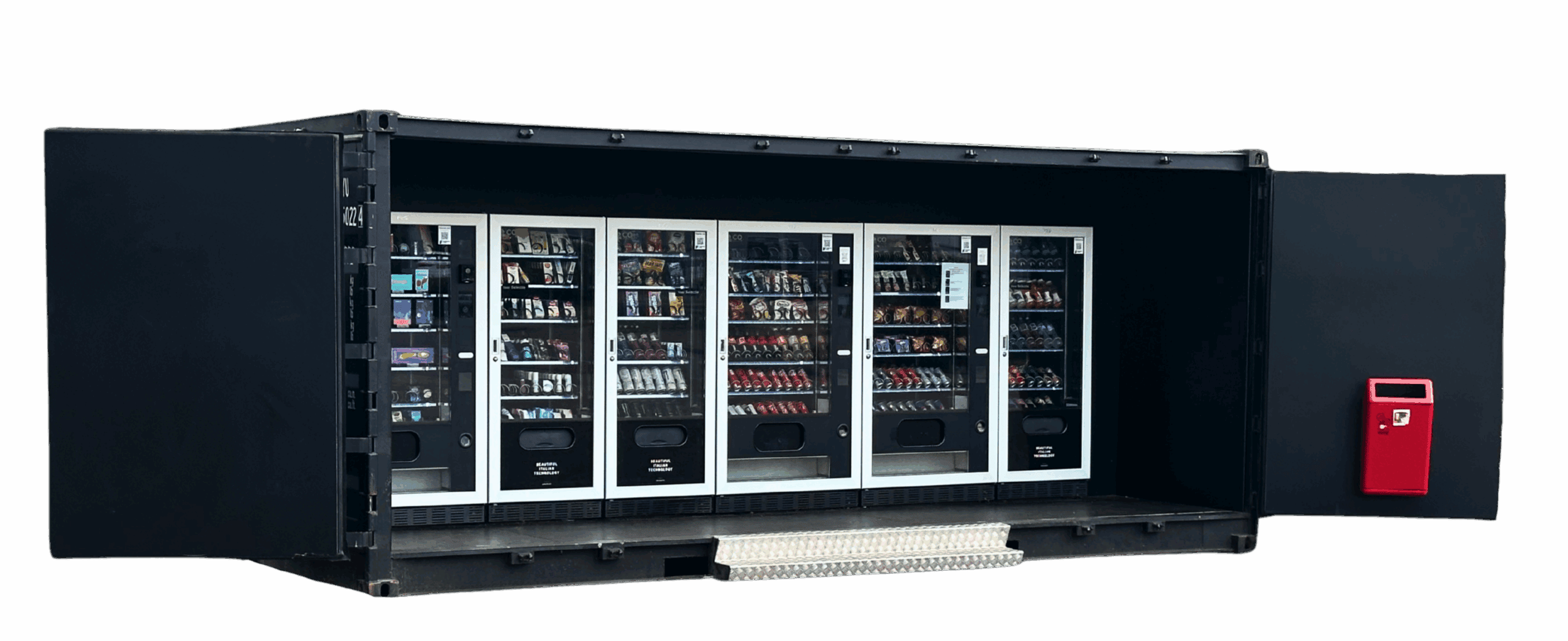 Automaten für Snacks und Getränke im Verkaufscontainer.