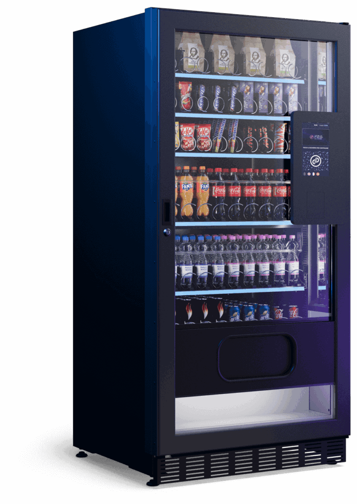 Moderner Verkaufsautomat mit Cashback-Funktion für Snacks und Getränke.