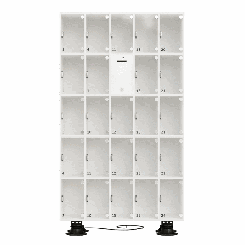 Verkaufsautomat mit 24 Fächern, Münzschlitz und digitalem Display.