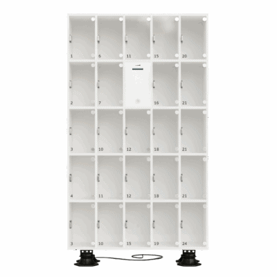 Verkaufsautomat mit 24 Fächern, Münzschlitz und digitalem Display.