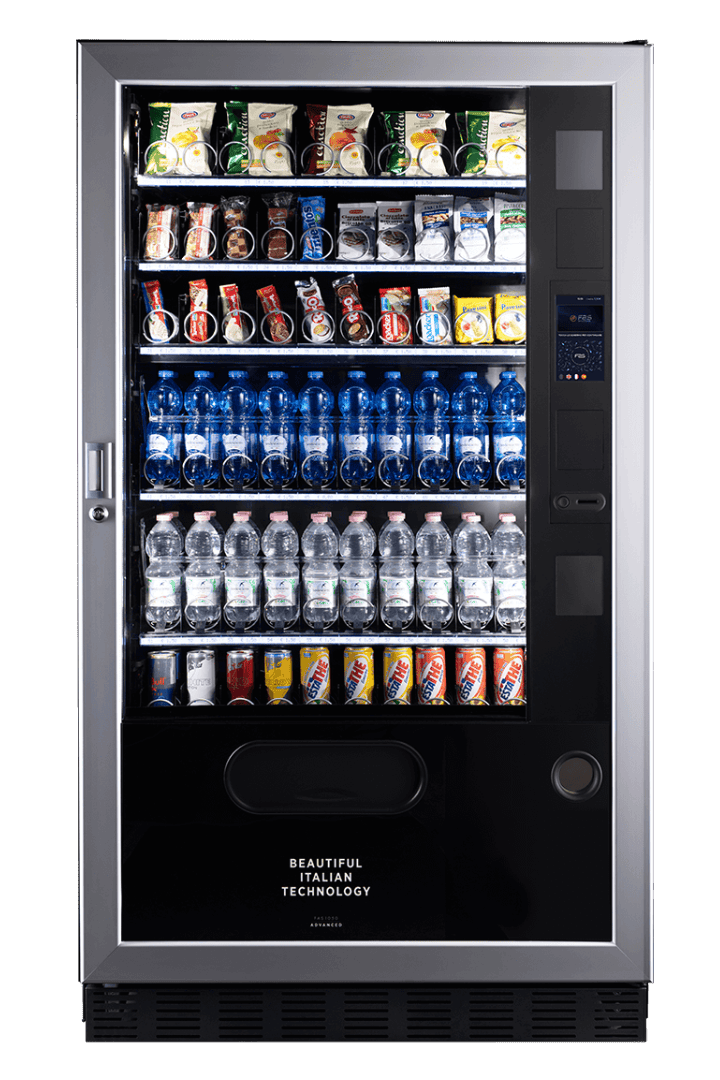 Moderner Verkaufsautomat mit Getränken, Snacks und Wasserflaschen.