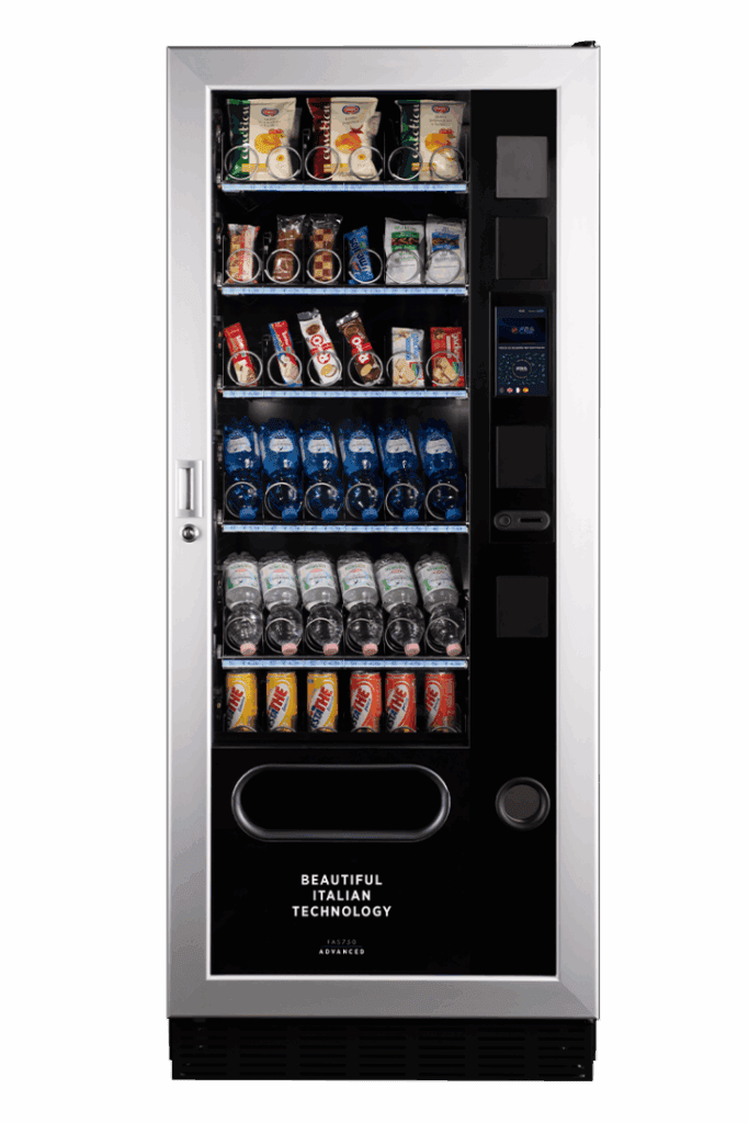 Moderner Verkaufsautomat mit Snacks und Getränken, ideal für Unternehmen und öffentliche Orte.