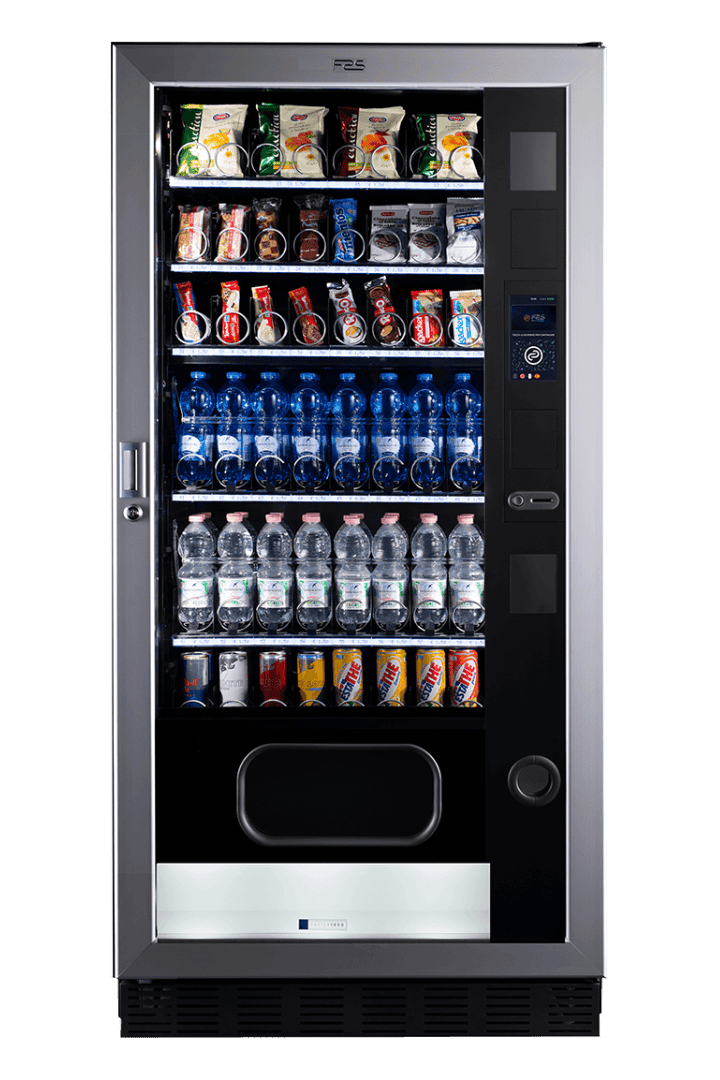 Moderner Verkaufsautomat mit Wasser, Snacks und Getränken.