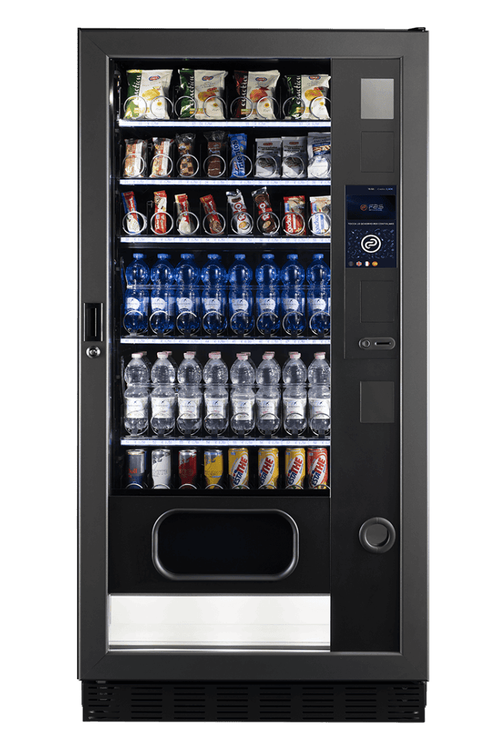 Moderner Verkaufsautomat mit Wasser, Softdrinks und Snacks für schnelle Versorgung.
