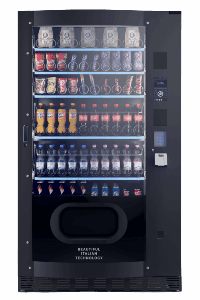 Vendingautomat mit vielfältigen Getränken und Snacks, ideal für Unternehmen und öffentliche Orte.
