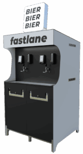 Bierzapfautomat mit drei Zapfhähnen für frisches Bier.
