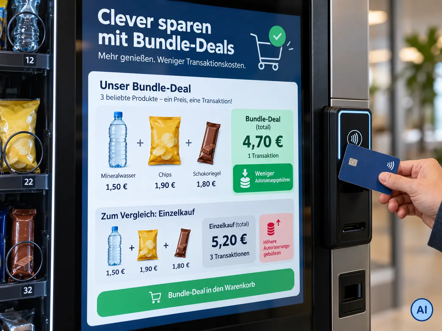 Kontaktlose Kartenzahlung am Verkaufsautomaten Kundin bezahlt mehrere Produkte am Verkaufsautomaten kontaktlos mit Karte über ein integriertes Zahlungsterminal.