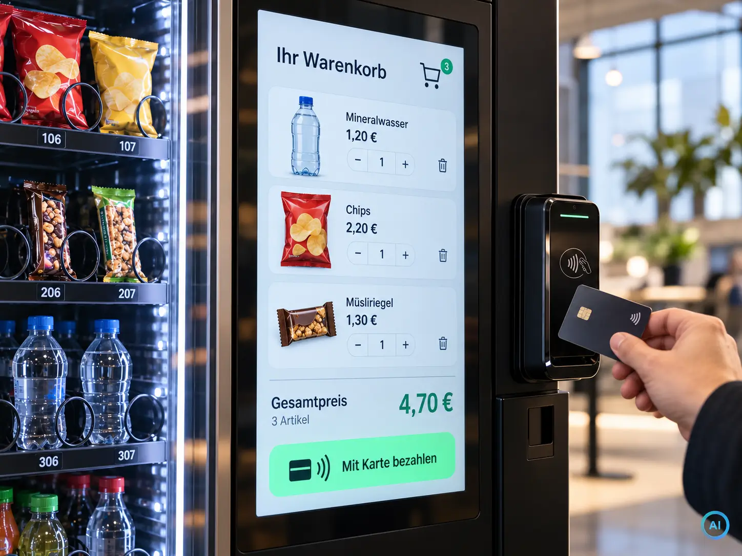 Transaktionsgebühren durch Warenkorbfunktion senken Touchdisplay eines Verkaufsautomaten zeigt ein Bundle aus Getränk, Snack und Riegel, das mit einer einzigen Kartentransaktion bezahlt wird.