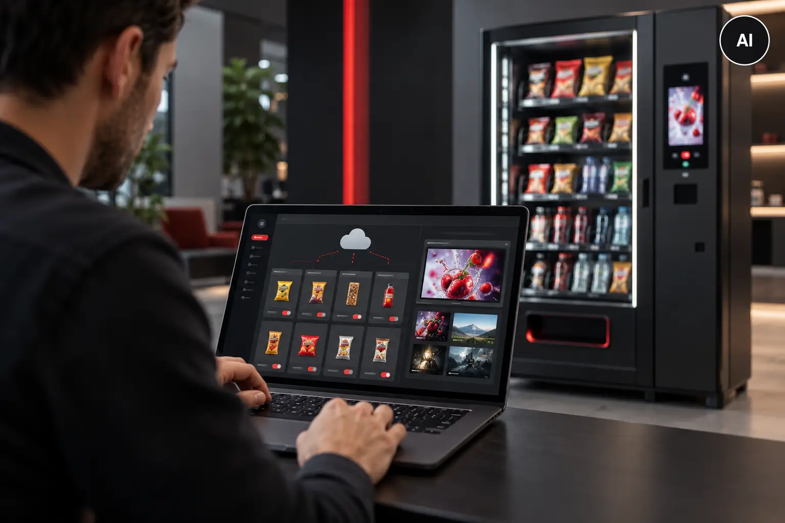 KI-generiertes Bild: Betreiber verwaltet Produktbilder und Menüinhalte eines Verkaufsautomaten am Laptop