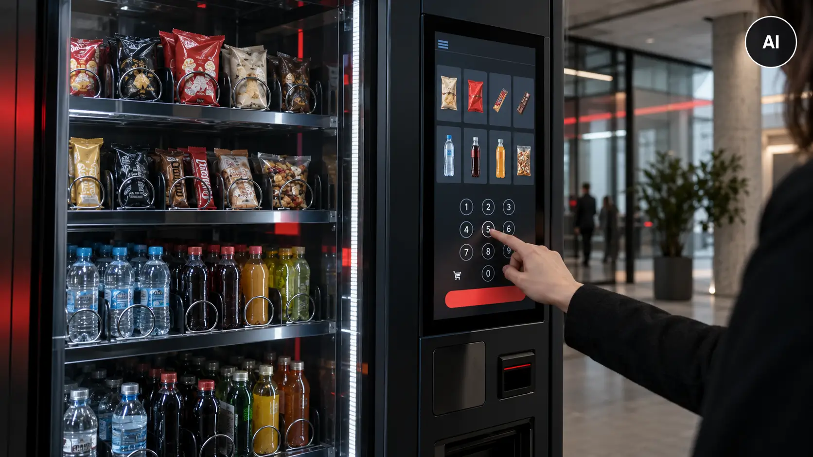 KI-generiertes Bild: Person wählt Snacks und Getränke über das Touchdisplay eines Verkaufsautomaten aus